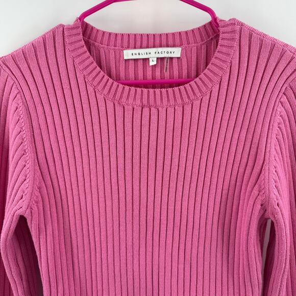 English Factory Sweater Women's Size Large Rib Ruffle Edge Pink Red Fuzzy Cuffs - Picture 4 of 10